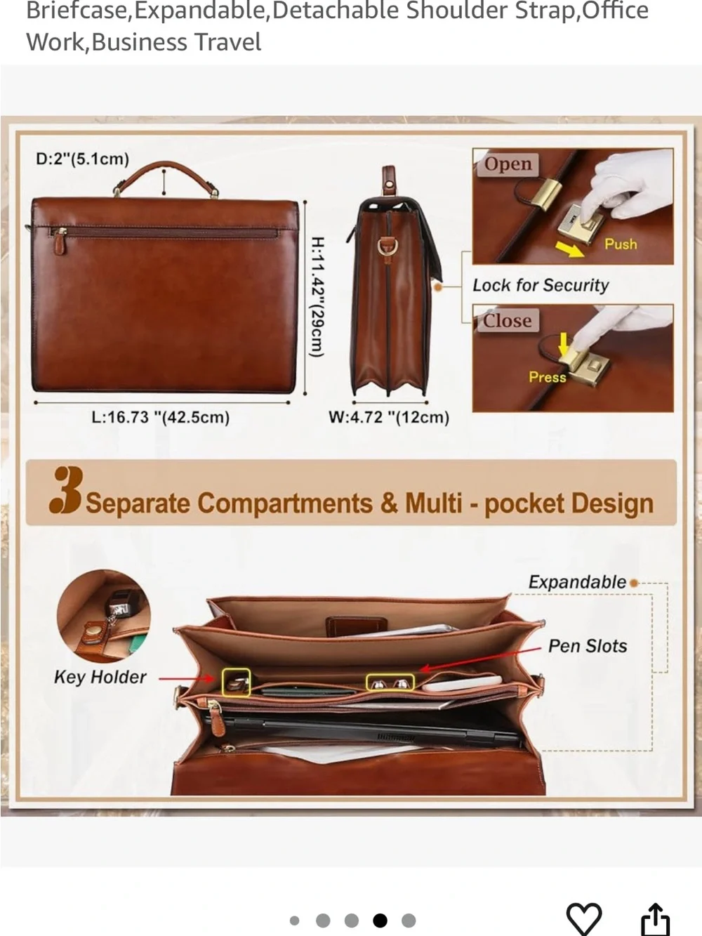 Tan Leather Laptop Briefcase with Shoulder Strap